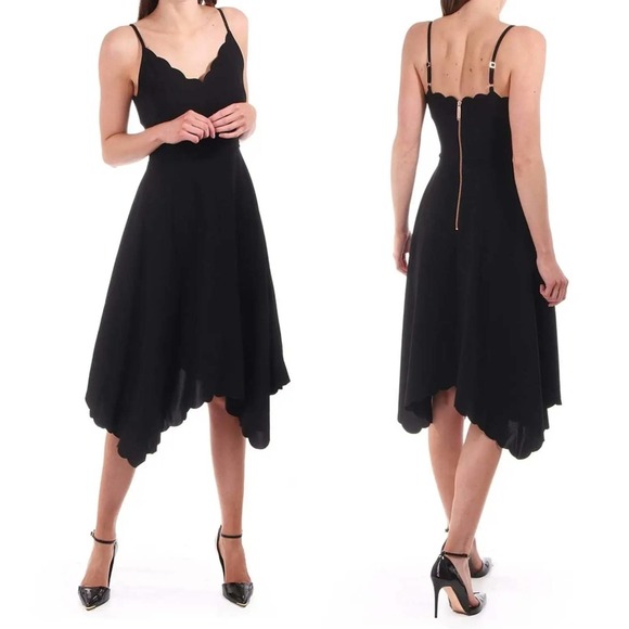 Ted Baker London Simbah Scallop Asymmetric Hem Strappy Black Midi Dress Size 4 - Picture 1 of 10